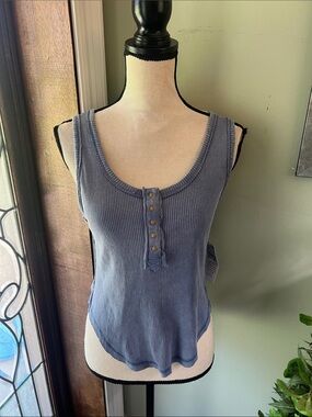 Social Culture Ribbed Scoop Tank with Button Placket - Dusty Blue